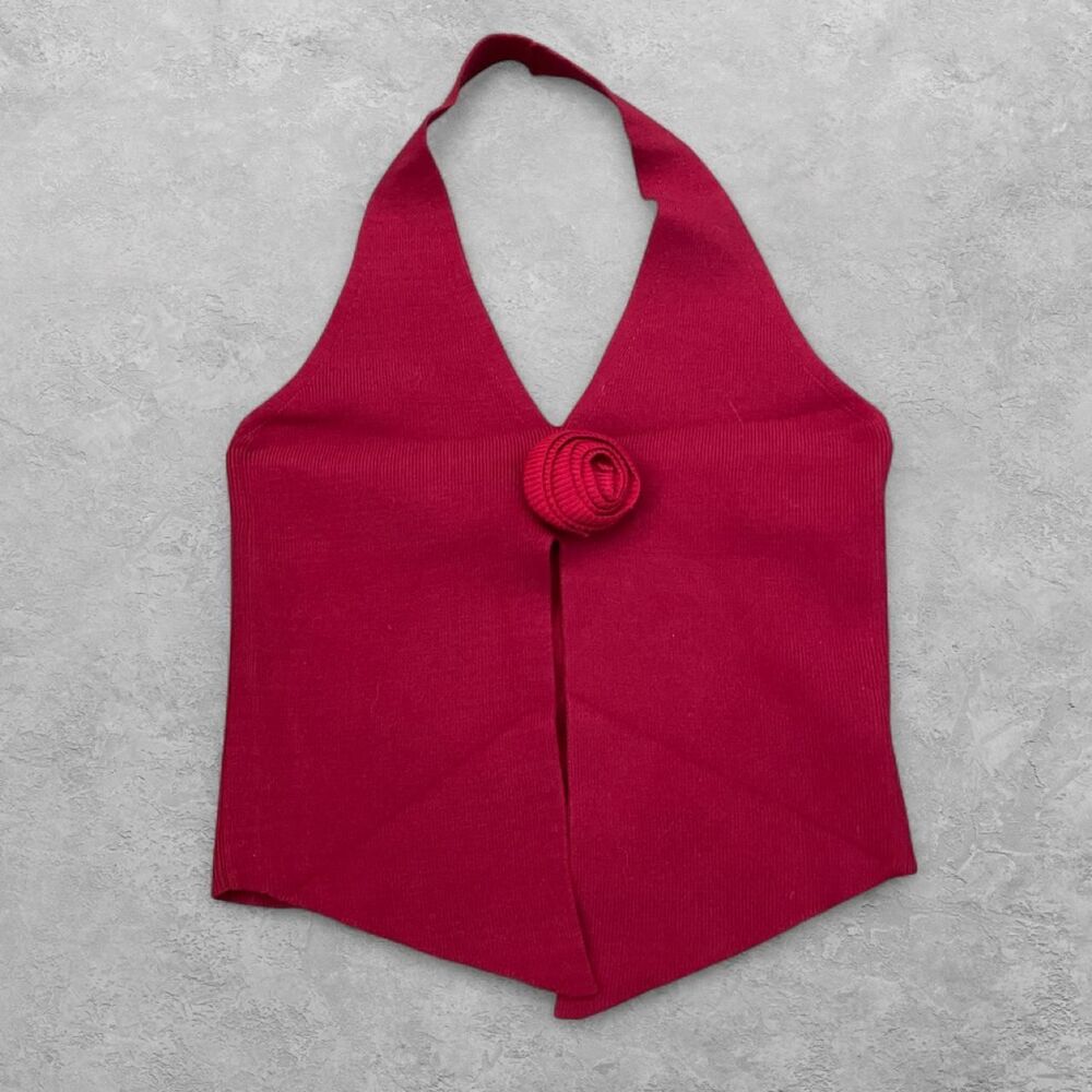 Cider Red Rosette Romantic Halter Crop Top L Tomato Girl Coquette NWT
